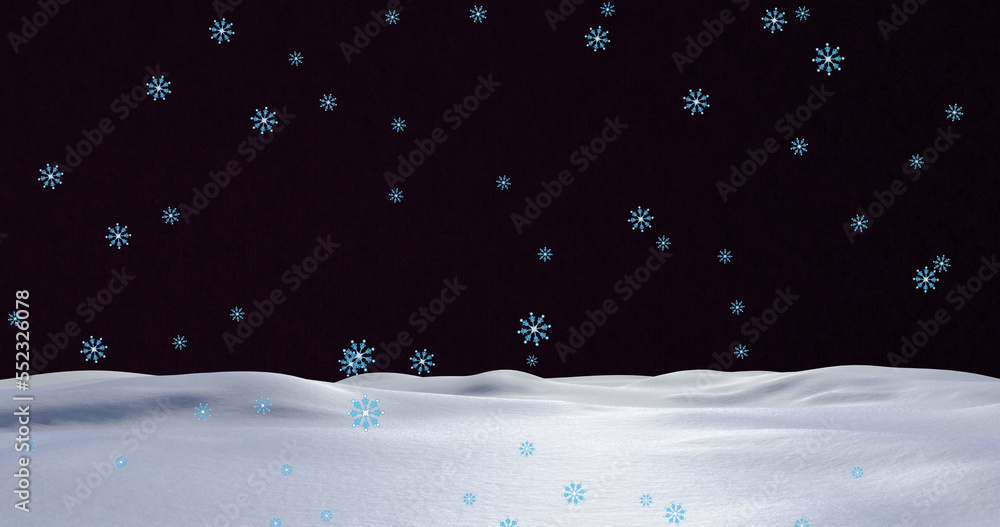 Image of snowflakes falling over snow and blue background