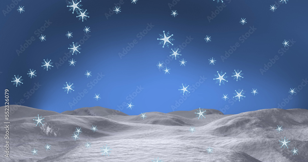 Image of snowflakes falling over snow and blue background