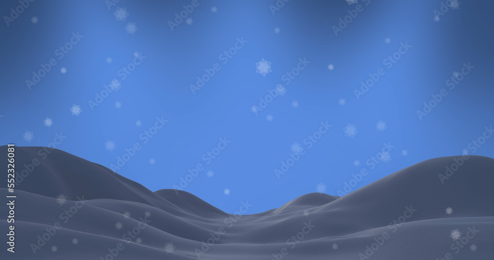 Image of snowflakes falling over snow and blue background