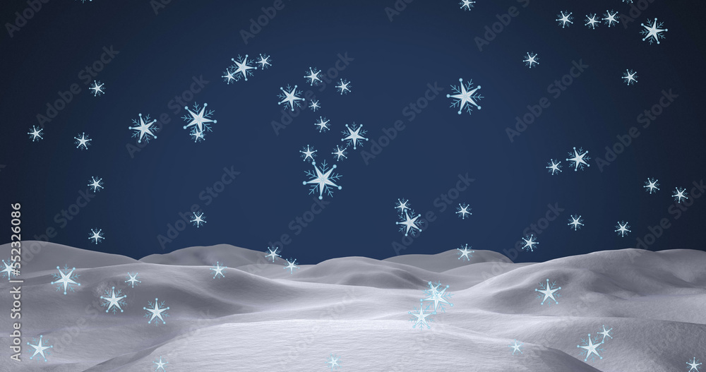 Image of snowflakes falling over snow and blue background