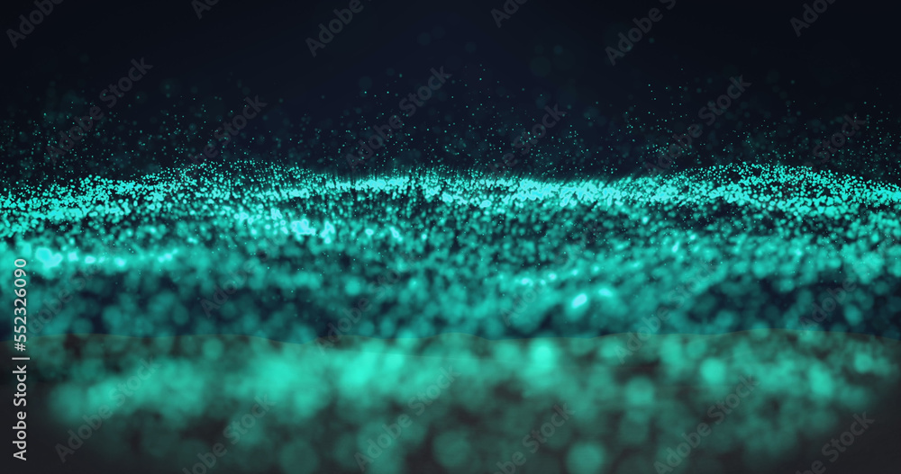 Image of snow falling over green glowing mesh on black background