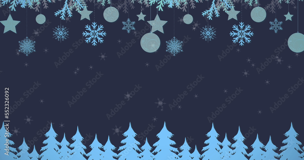 Image of fir tree over snow falling on dark background