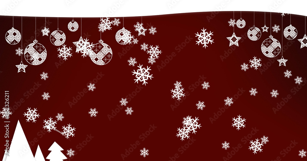 Image of snow falling over christmas decorations on burgundy background