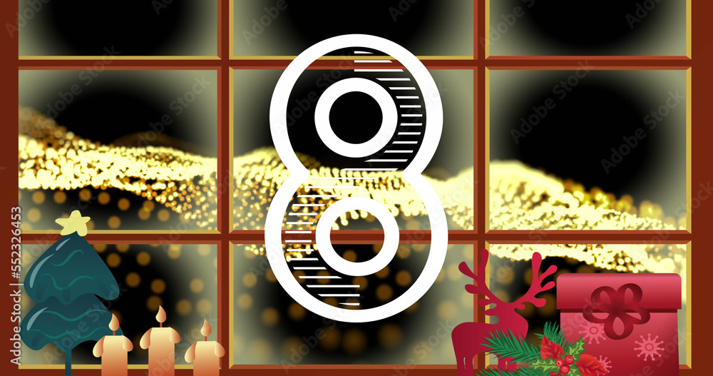 Countdown on christmas decorations and window frame against yellow digital wave on black background