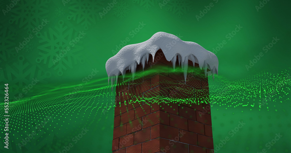 Green digital wave over snow covered brick wall chimney against snowflakes on green background