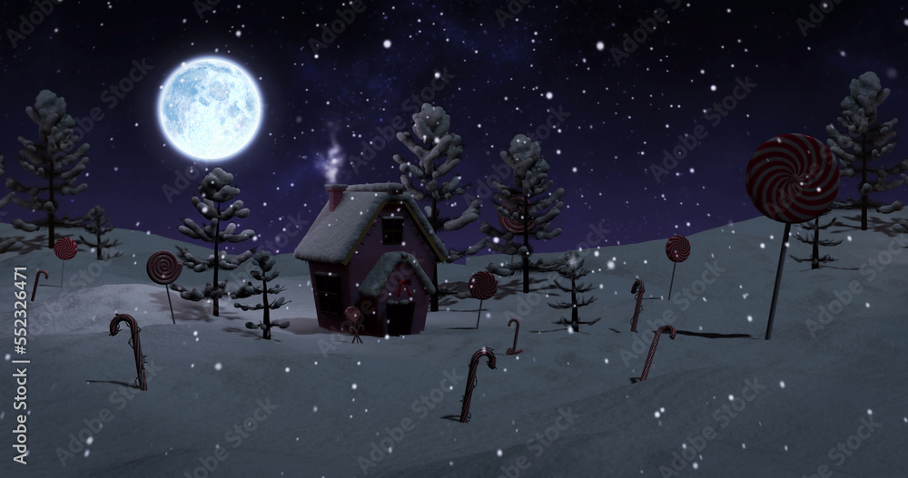 Image of christmas cottage and trees in snow at night with candy canes, lollipops and full moon