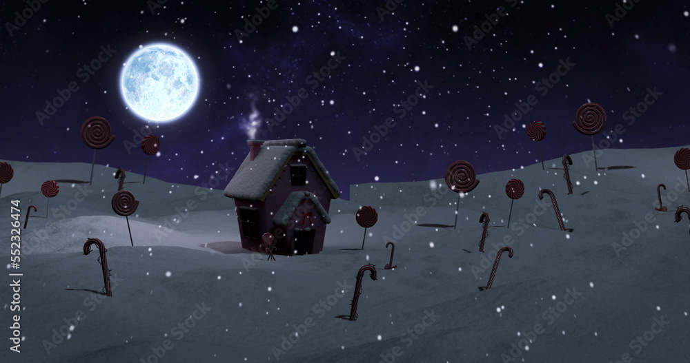 Image of christmas cottage in winter at night with candy canes, lollipops, moon and falling snow