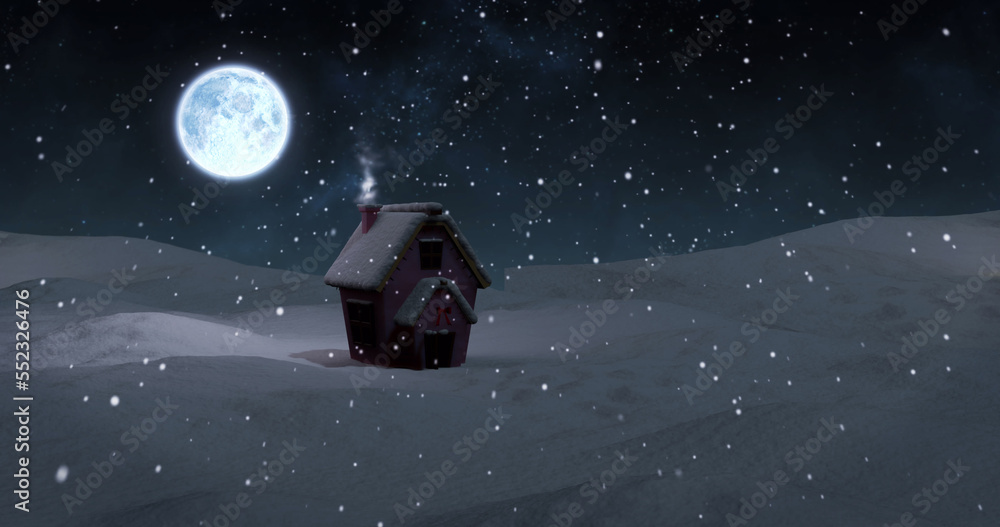 Image of christmas cottage in winter landscape at night, with full moon and falling snow