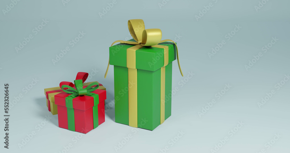 Image of three christmas presents spinning with copy space over grey background