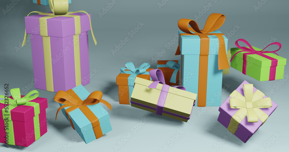 Image of christmas presents with copy space over grey background