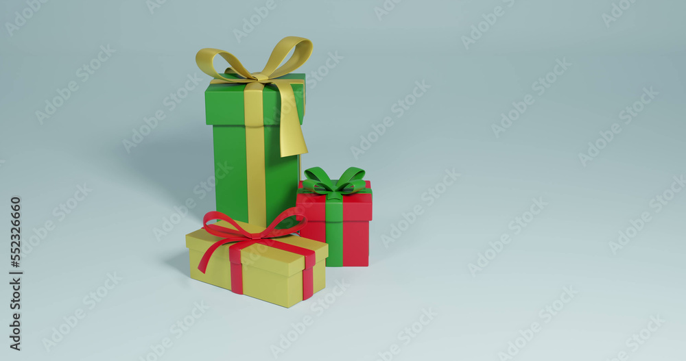 Image of three christmas presents spinning with copy space over grey background