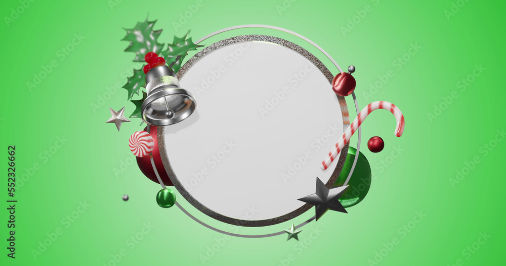 Image of circle frame with copy space and christmas decoration on green background