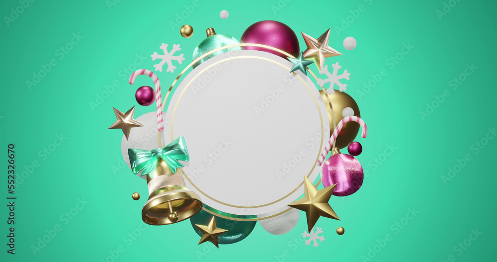 Image of circle frame with copy space and christmas decoration on green background