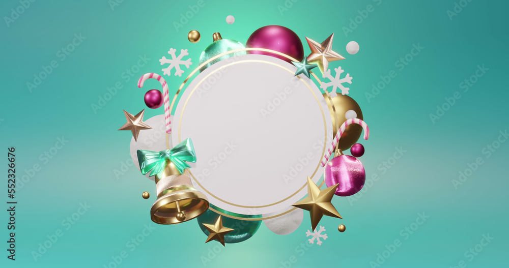 Image of circle frame with copy space and christmas decoration on green background