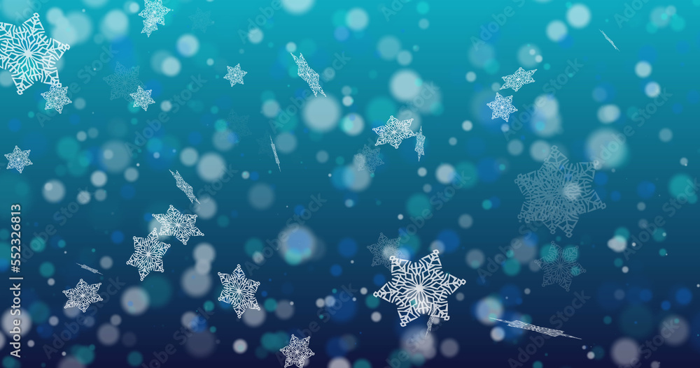 Image of snow falling and light spots on blue background