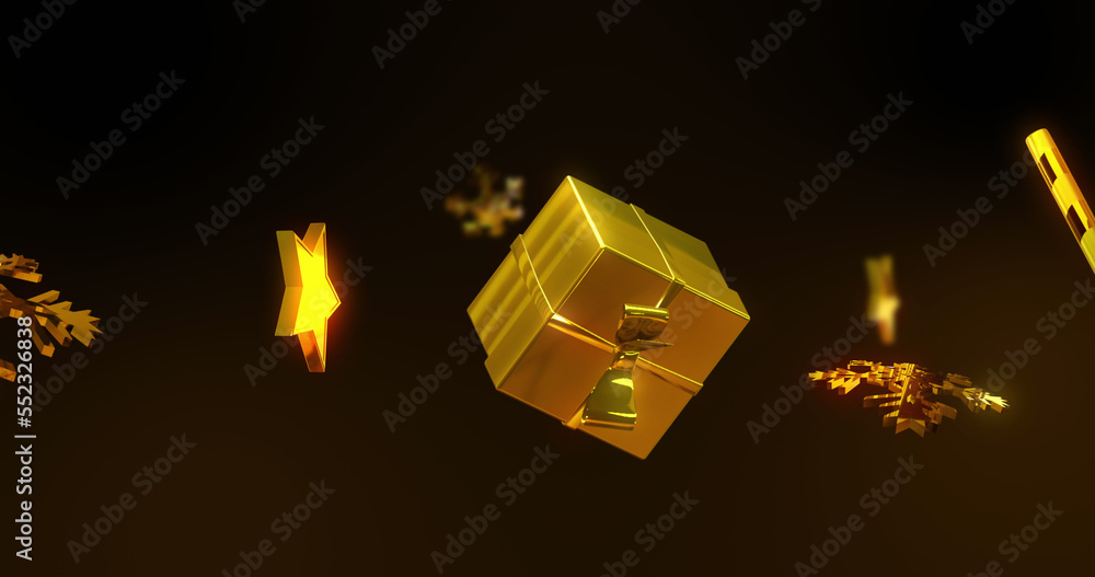 Image of gold stars, presents and candy canes falling over black background