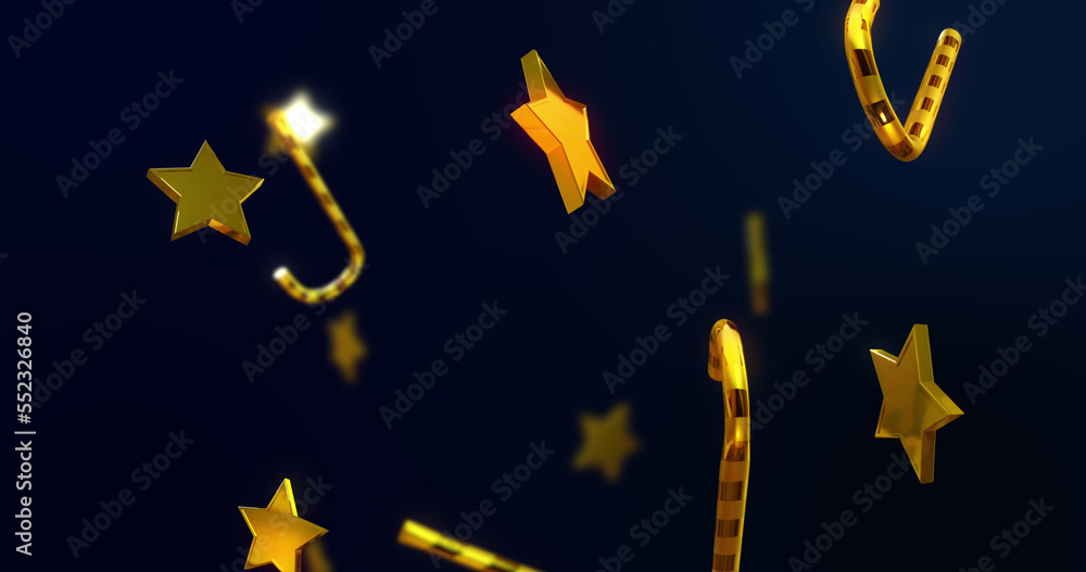 Image of gold stars and candy canes falling over black background