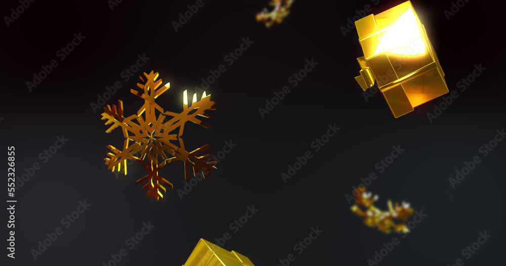 Image of gold presents and snowflakes falling over black background