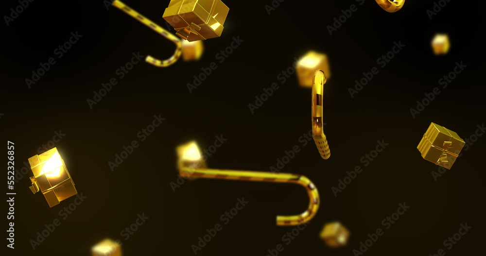 Image of gold presents and candy canes falling over black background