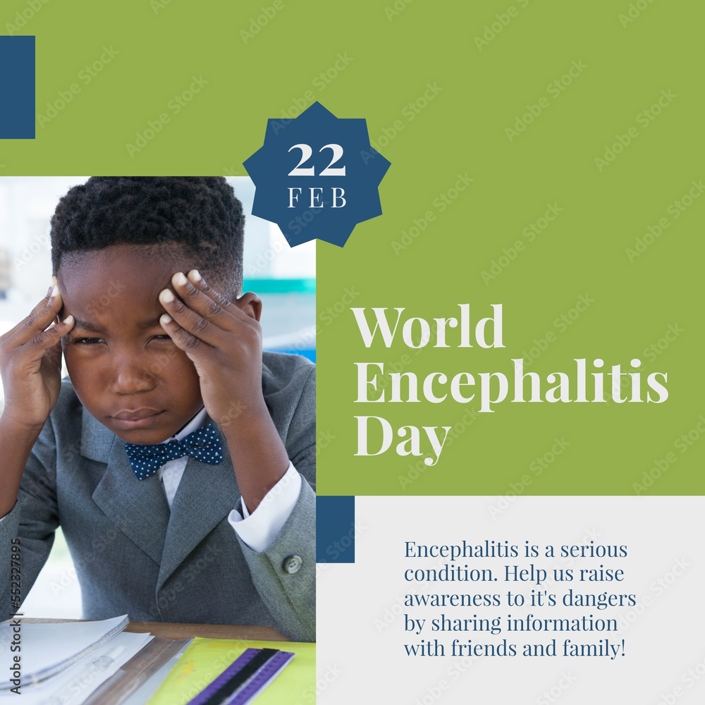 Image of world encephalitis day and african american boy with headache