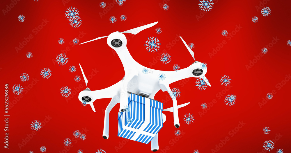 Image of snow falling over drone carrying present on red background