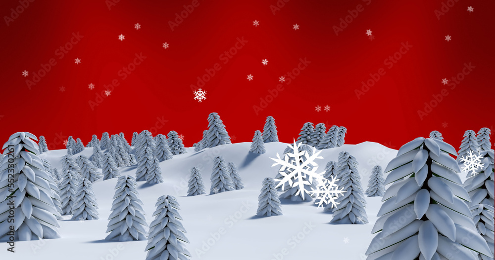 Image of snow falling over fir trees on red background