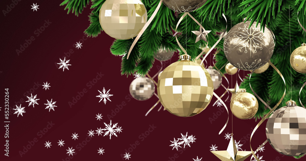 Image of snow falling over christmas decoration on burgundy background