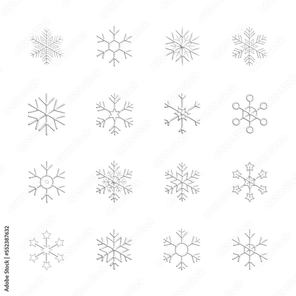 雪花图标集合样式。三维渲染插图。