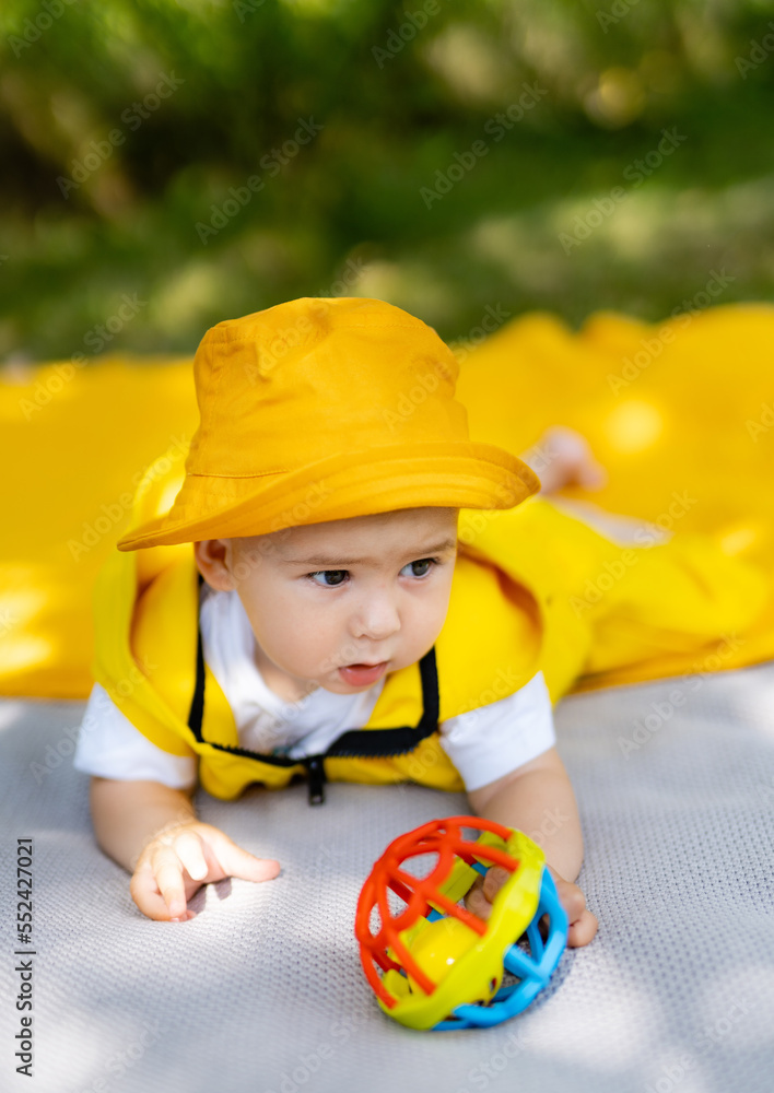 An adorable boy playing with her toys in a park or garden during a picnic with her family. Outdoor f