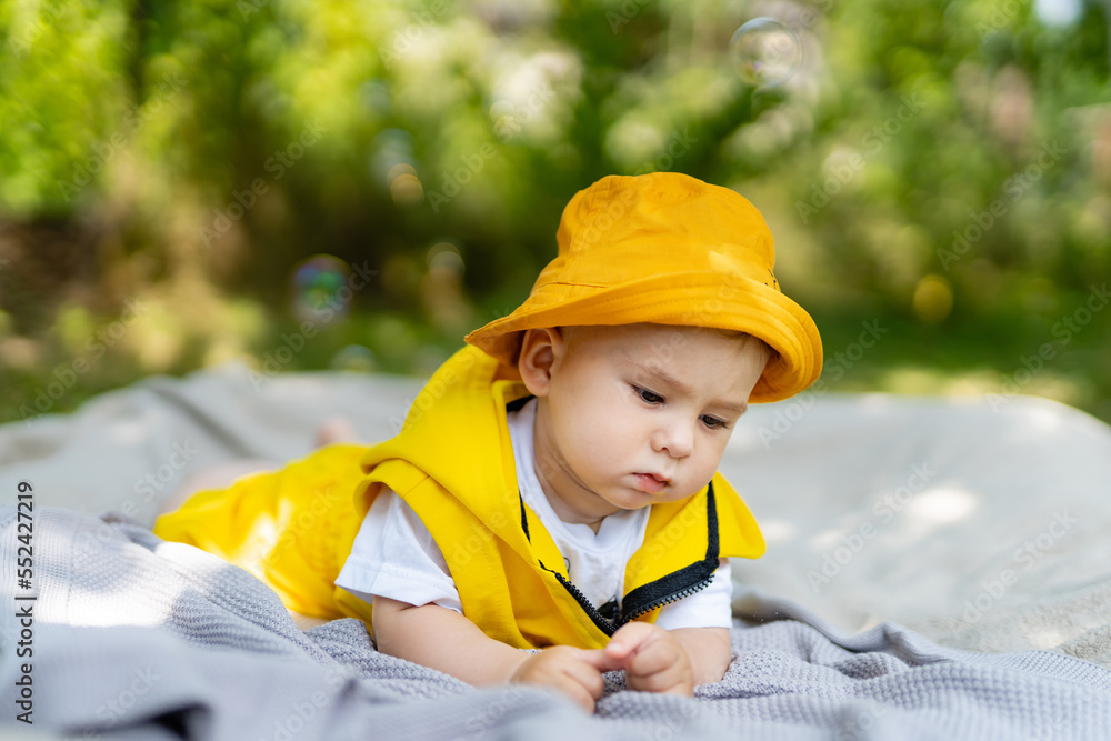 Adorable baby boy playing on blanket in green grass. Happy and healthy childhood concept. Outdoor fu