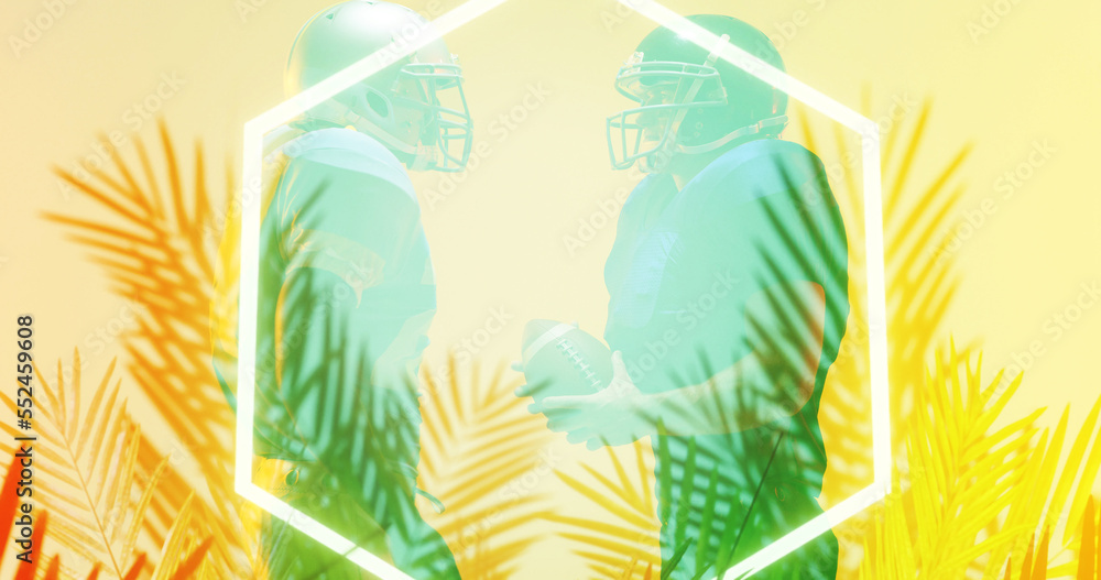 Composite of american football players wearing helmets with ball by illuminated hexagon and plants