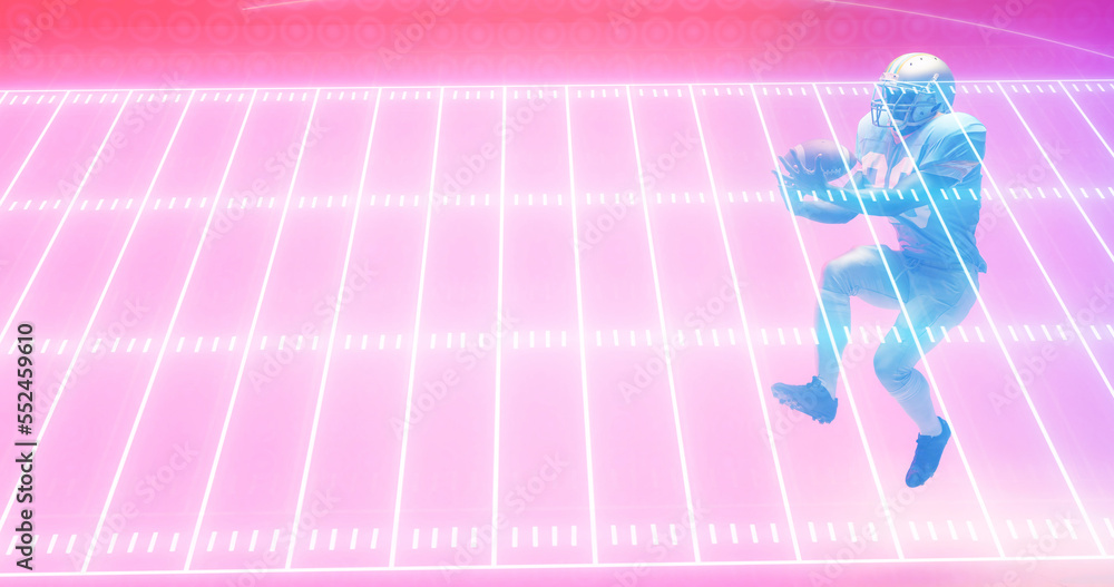 Composite of player with ball over illuminated american football field on pink background