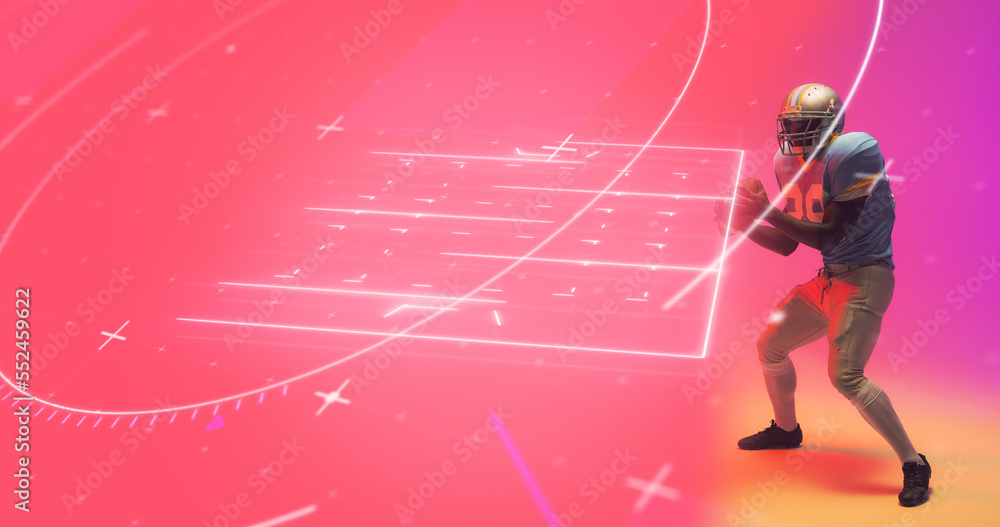 Composite of player with ball standing by american football field and circles on pink background