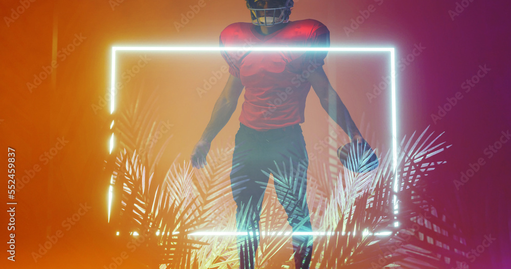 Composite of american football player with ball standing by illuminated plants and rectangle