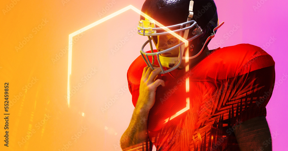 Composite of american football player wearing helmet by plants and illuminated hexagon