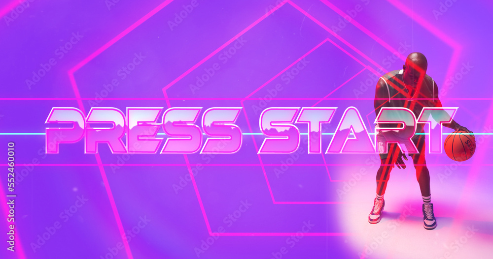 Composite of press start text with pink lines and bald african american player dribbling basketball