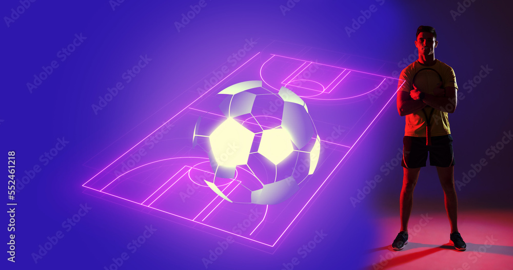 Digital composite image of young caucasian player with illuminated neon soccer field, copy space