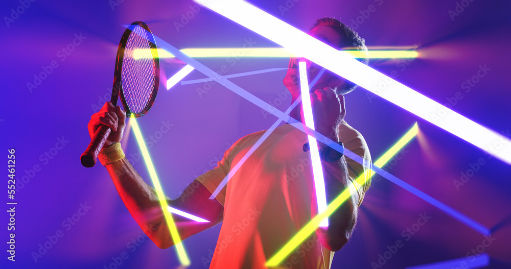 Composite of caucasian tennis player celebrating success with colorful neon striped, copy space