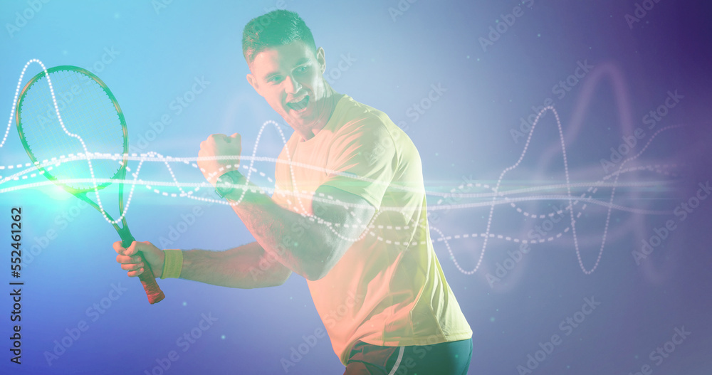 Composite of young caucasian tennis player celebrating success with neon wave pattern, copy space