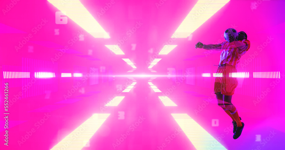 Digital composite of american football jumping over neon pattern against pink background, copy space