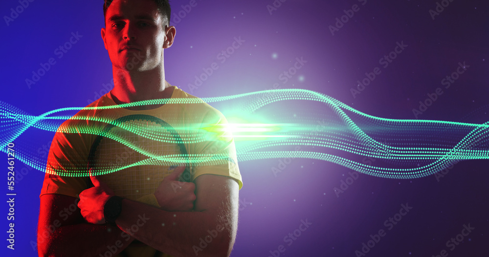 Composite of young caucasian tennis player with neon wave pattern, copy space