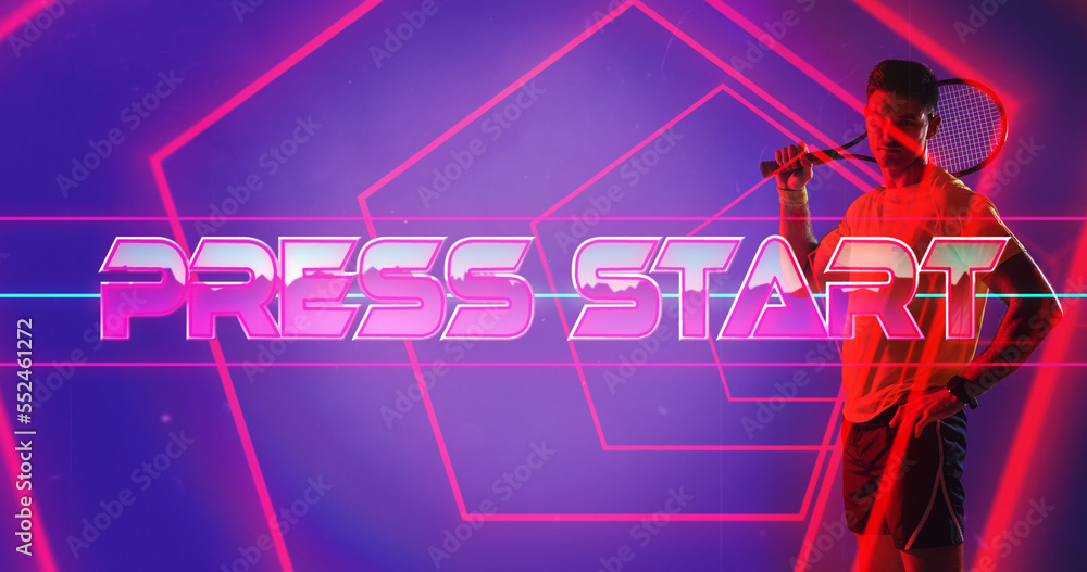 Composite of press start text and caucasian tennis player with red neon, copy space