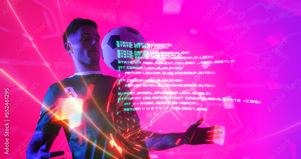 Caucasian young sportsman playing soccer over neon design with computer codes in background