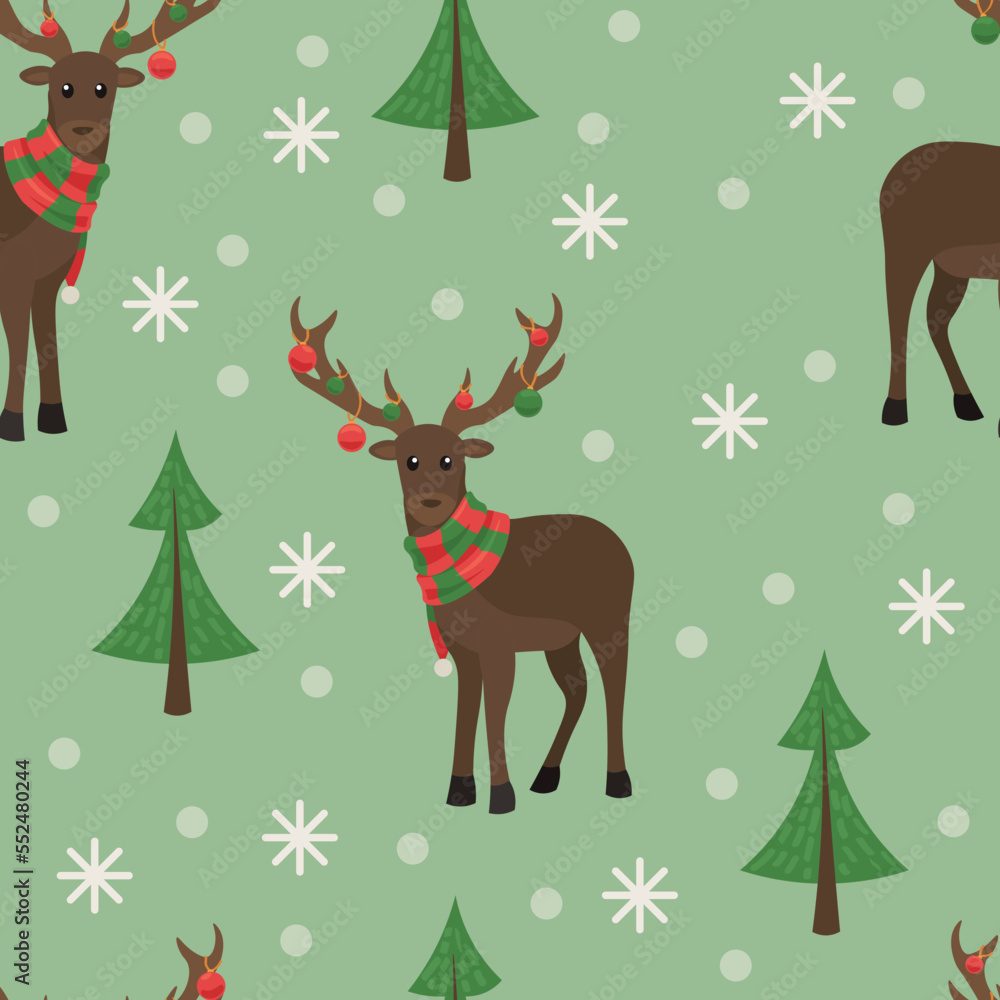 Christmas pattern for design with reindeer and fir trees