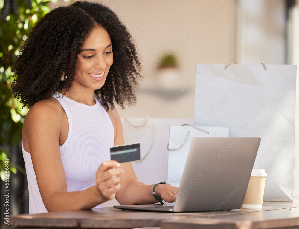 Black woman, laptop and credit card for ecommerce, online shopping and making payment with fintech s