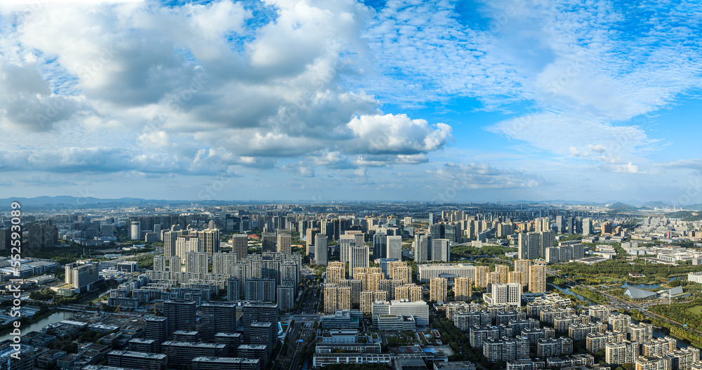 Aerial view of city skyline and modern buildings scenery in Ningbo, Zhejiang Province, China.