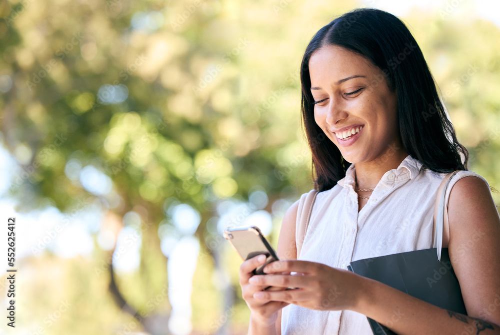 Business woman, phone and outdoor typing on website search or mobile networking. Nature park, smile 