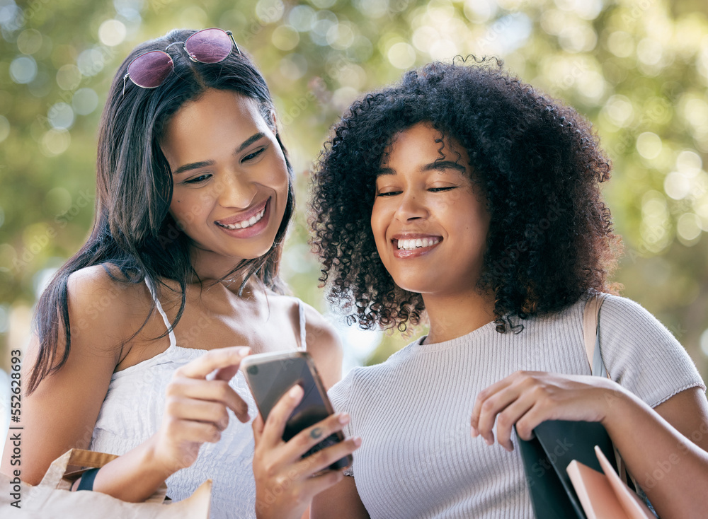 Phone, shopping and black woman friends outdoor together for a retail sale or deal as a customer. Ec