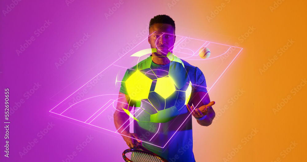 African american male tennis player standing over illuminated tennis court and soccer ball