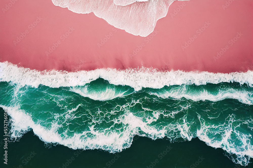 Spectacular top view from drone photo of beautiful pink beach. Generative AI. 